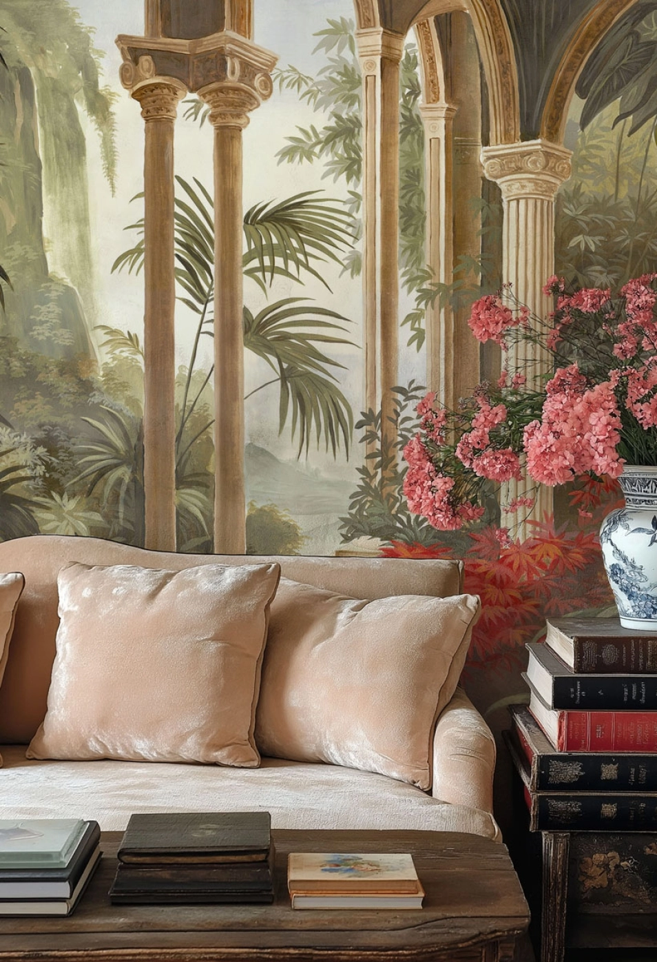 Dans un salon, le papier peint panoramique haut de gamme jardin de Golatâ, de la marque Ananbô.
