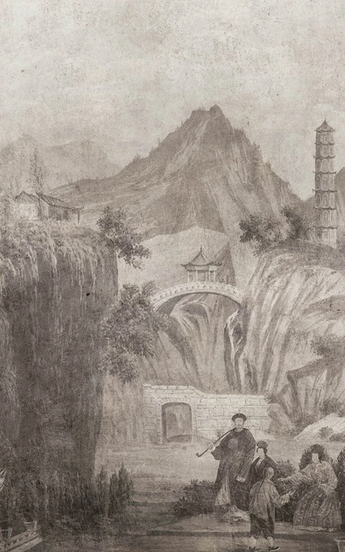 Voyage à Nankin sépia décor vieilli et patiné 