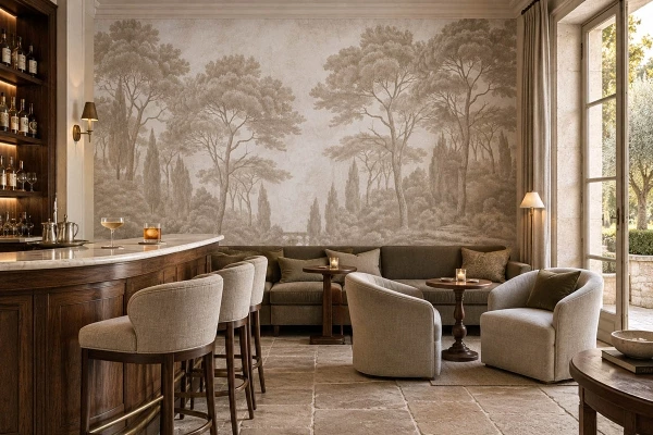 Papier peint panoramique ANANBÔ dans un bar d’hôtel élégant à décor paysager