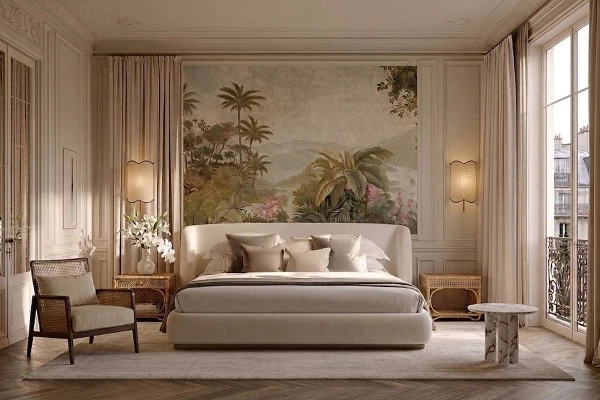 Papier peint panoramique ANANBÔ dans une chambre d’hôtel élégante en tête de lit