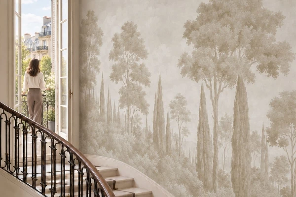 Papier peint panoramique ANANBÔ dans une cage d’escalier d’hôtel élégante