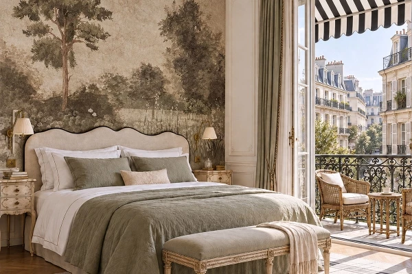 Papier peint panoramique ANANBÔ dans une chambre d’hôtel élégante aux tons naturels
