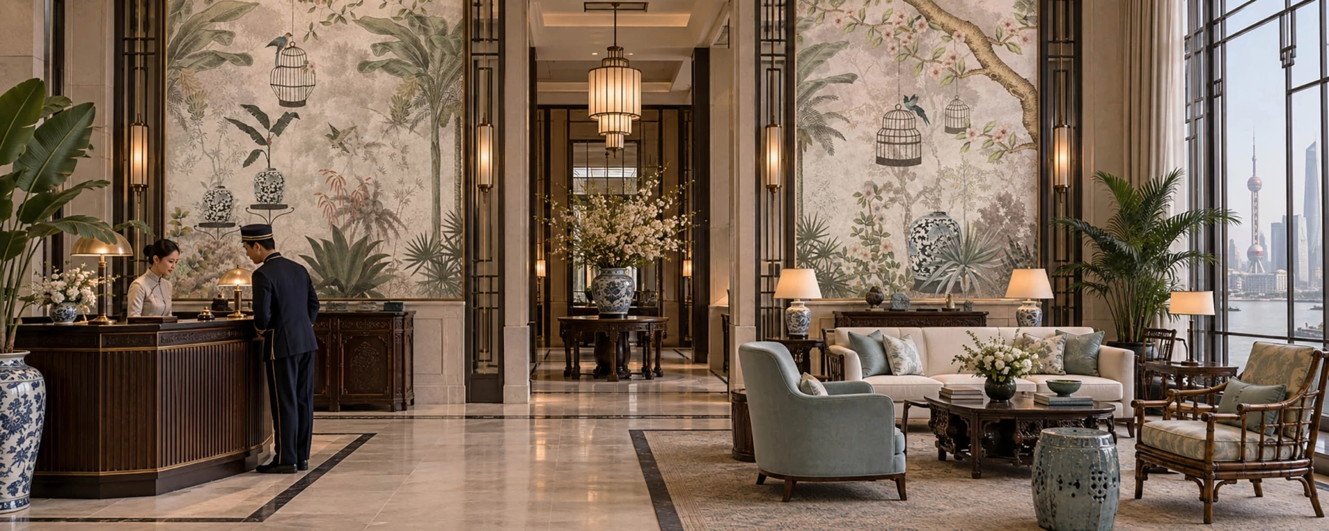 Décors panoramiques ANANBÔ dans un lobby d’hôtel élégant aux influences asiatiques