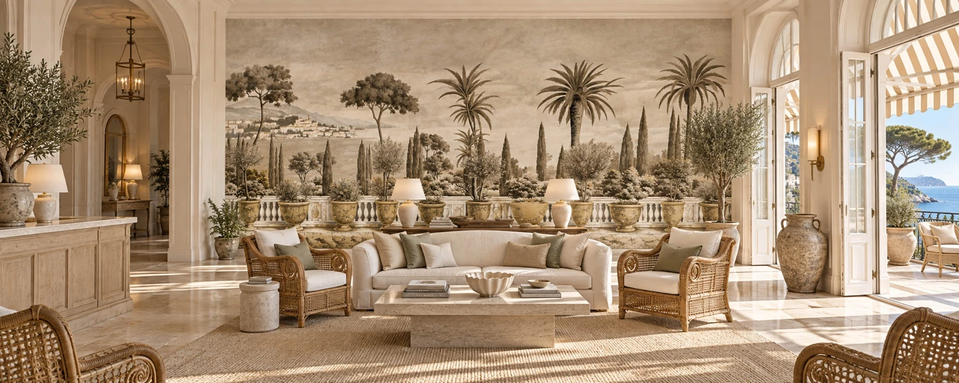 Papier peint panoramique ANANBÔ dans un salon d’hôtel d’inspiration méditerranéenne