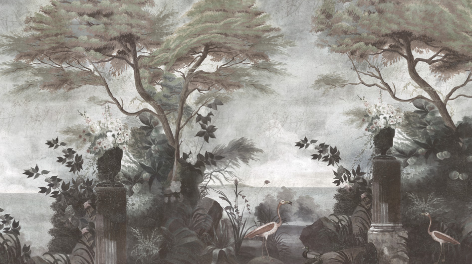 Papier peint panoramique Le jardin au flamant rose Décor vieilli et patiné - Ananbô