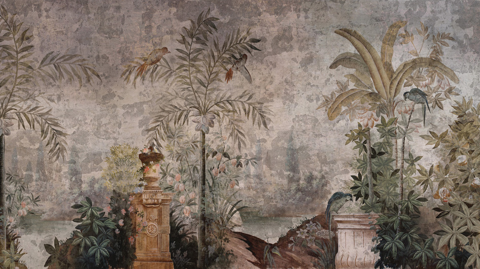 panoramic wallpaper Le jardin aux oiseaux Couleur patine 18 ème - Ananbô