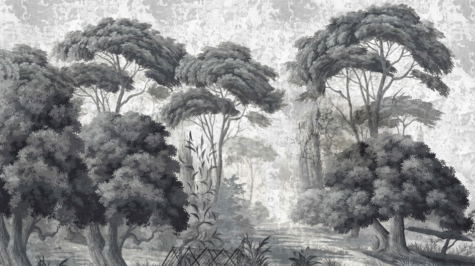 Papier peint panoramique Pins et oliviers Grisaille Patine 18 ème - Ananbô