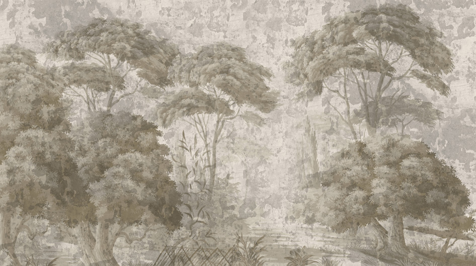 Papier peint panoramique Pins et oliviers Grisaille sépia patine 18ème - Ananbô