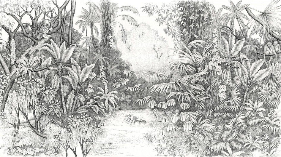 panoramic wallpaper l’île au perroquet Noir et blanc - Ananbô