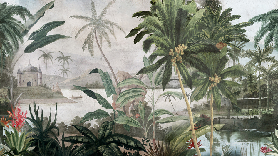Papier peint panoramique Les bords du Gange Couleur décor vieilli et patiné - Ananbô