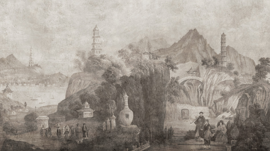 Papier peint panoramique Voyage à Nankin Sépia décor vieilli et patiné - Ananbô