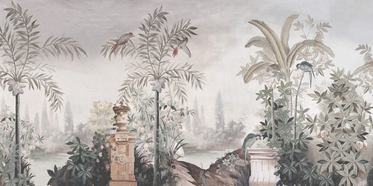 panoramic wallpaper Le jardin aux oiseaux Grisaille - Ananbô Fullsize
