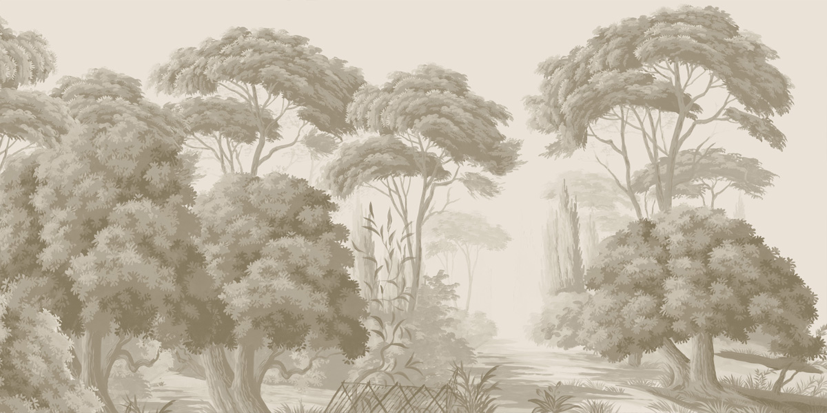Ananbô papier peint panoramique 408 "Pins et Oliviers" couleur grisaille sépia 1200x600