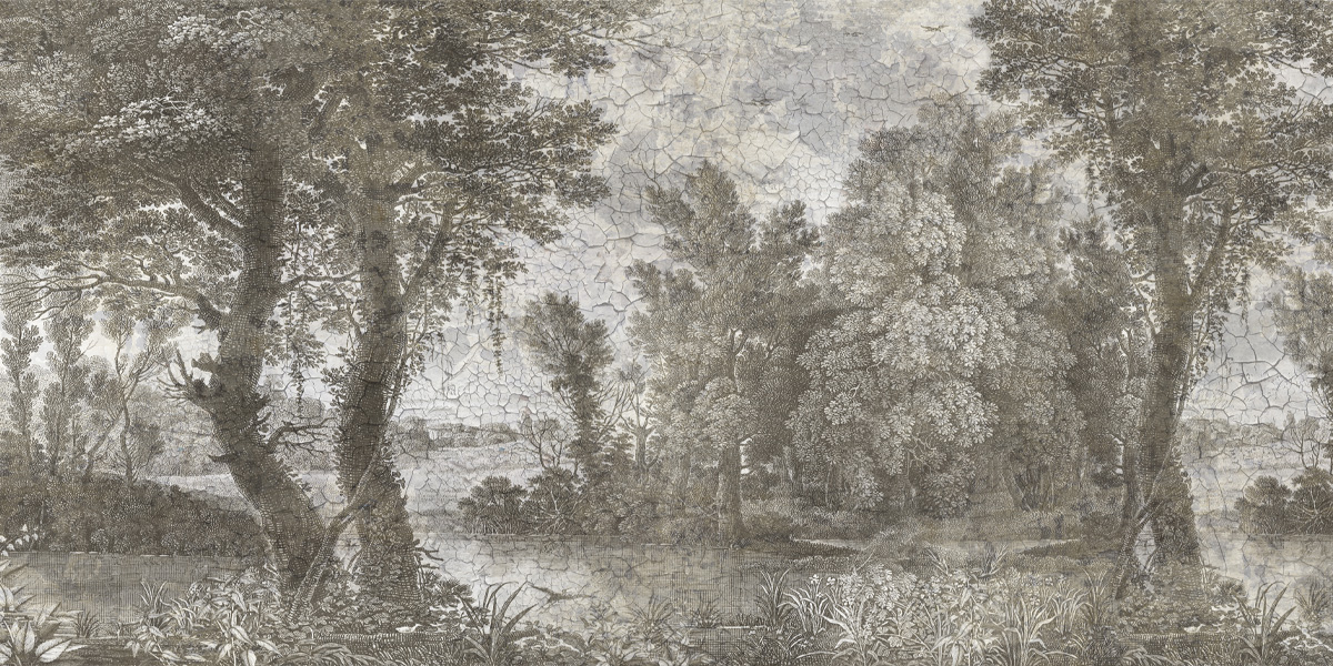 Ananbô papier peint panoramique "Campagne Grisaille" patinée XVIII 1200x600