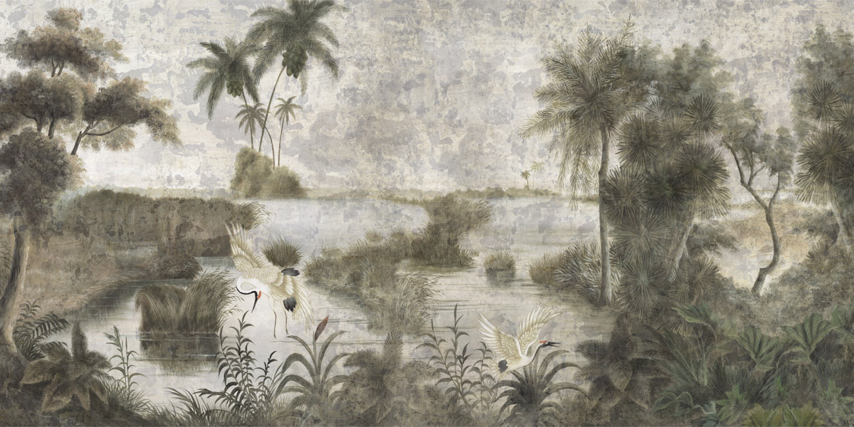 Papier peint panoramique Les rives du Mékong Grisaille Patine 18 ème - Ananbô Fullsize