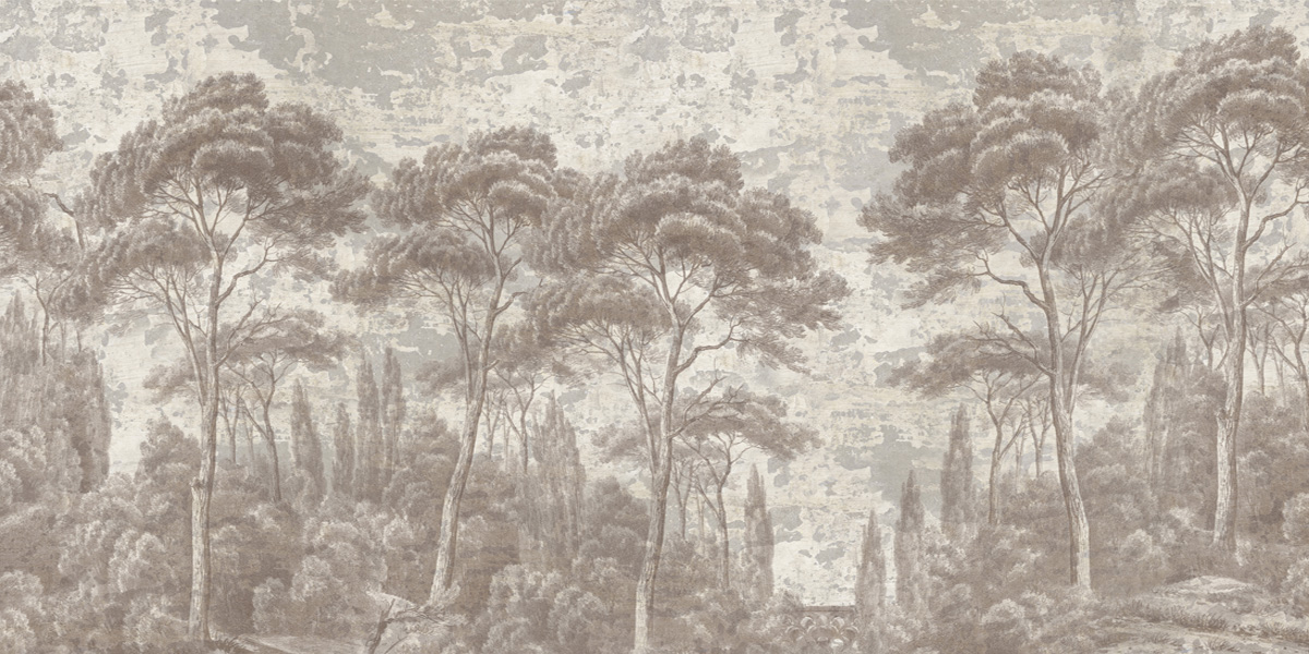 panoramic wallpaper Pins et cyprès Grisaille sépia patine 18ème - Ananbô Fullsize