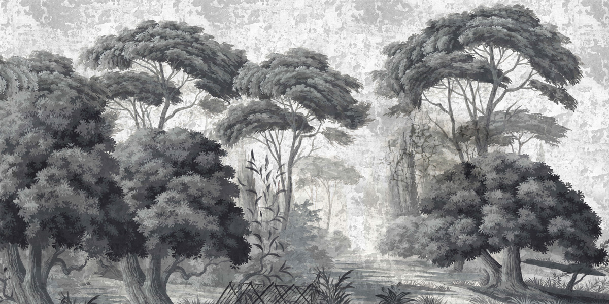 Papier peint panoramique Pins et oliviers Grisaille Patine 18 ème - Ananbô Fullsize