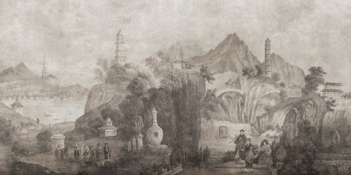 Papier peint panoramique Voyage à Nankin Sépia décor vieilli et patiné - Ananbô Fullsize